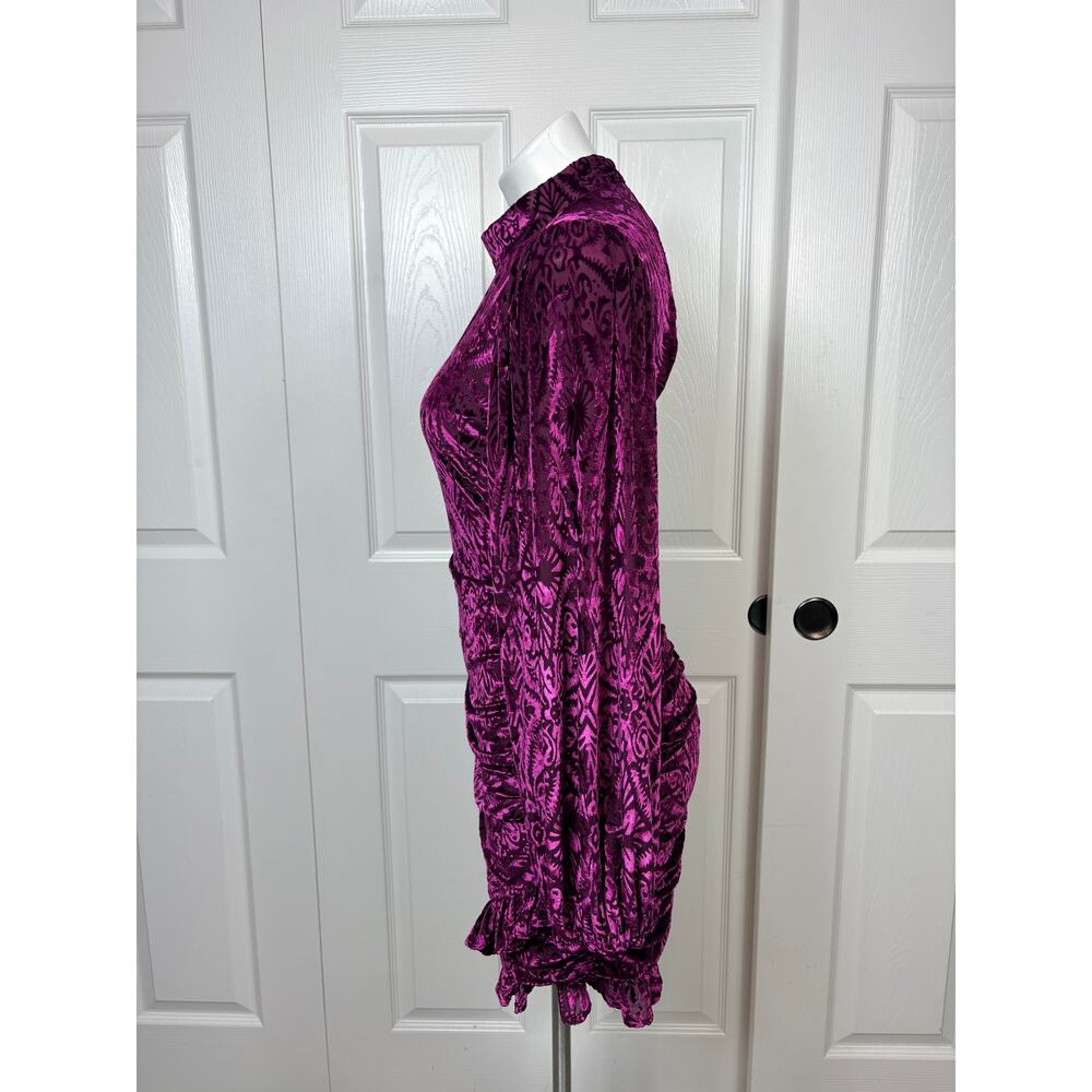 Vici High Neck Purple MIni Cocktail Dress Ruched Velvet Open Back Long Sleeve M - Picture 4 of 12